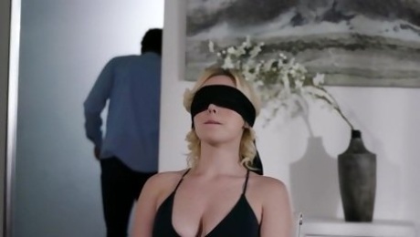 Blindfolded Summer Day receiving a tasty black cock in her throat