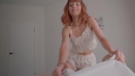 Skinny redhead plays truth or dare with her sister's bf