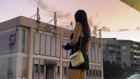 Public walking with fishnet stockings and black dress